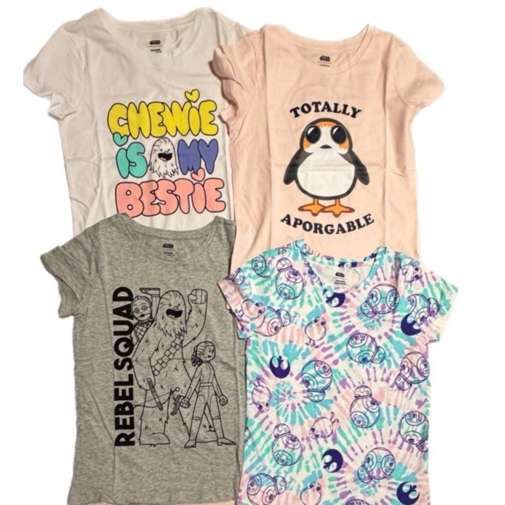 Star Wars Girls T-Shirt Bundle 4-Pack Chewbacca Porg BB-8 Tie-Dye Size L 9 Years